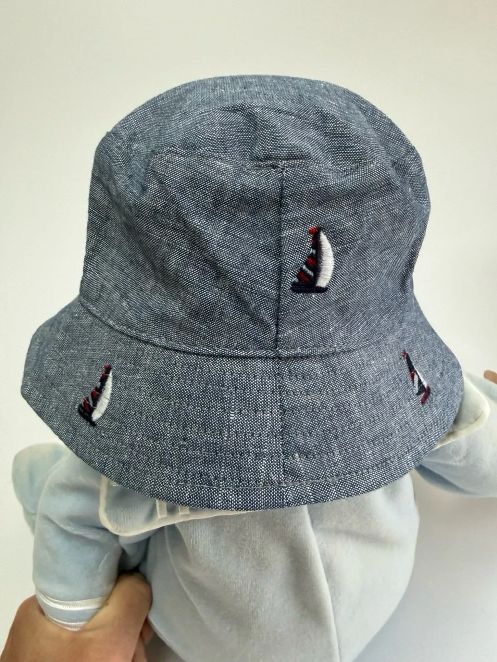 Janie - Jack Chambray Baby Bucket Hat Embroidered Sails Ships 6-12mo New